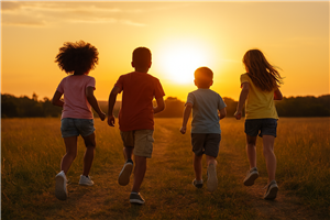 Kids running in a field